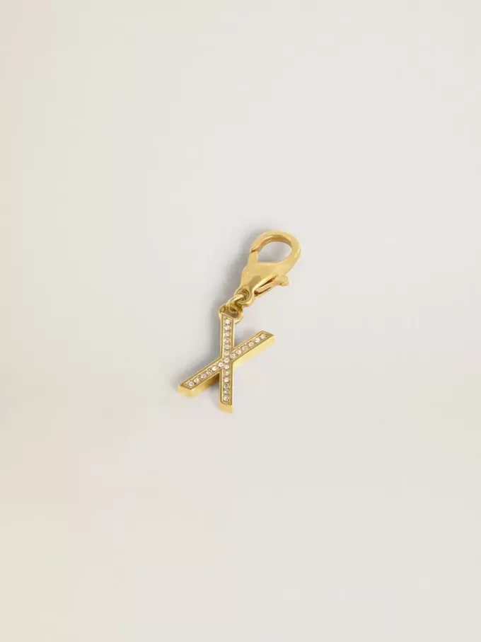 Buchstabe X-Anhänger aus goldfarbenem Messing mit Kristallen