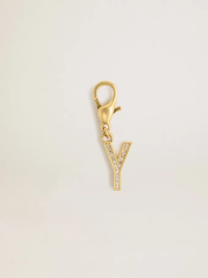 Buchstabe Y-Anhänger aus goldfarbenem Messing mit Kristallen Buchstabe Y-Anhänger aus goldfarbenem Messing mit Kristallen