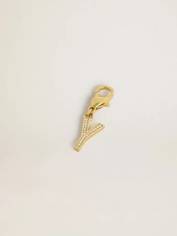 Buchstabe Y-Anhänger aus goldfarbenem Messing mit Kristallen Buchstabe Y-Anhänger aus goldfarbenem Messing mit Kristallen
