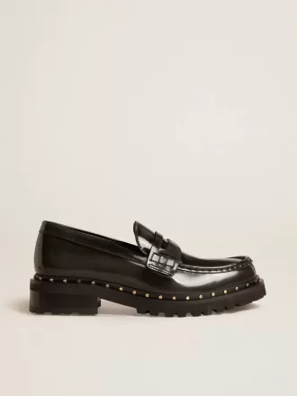 Chunky Loafer für Damen aus schwarzem Leder mit Nieten