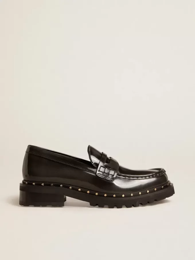 Chunky Loafer für Damen aus schwarzem Leder mit Nieten Chunky Loafer für Damen aus schwarzem Leder mit Nieten