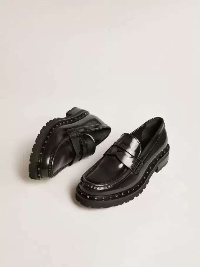 Chunky Loafer für Damen aus schwarzem Leder mit Nieten Chunky Loafer für Damen aus schwarzem Leder mit Nieten
