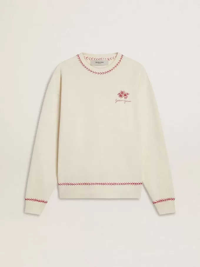 CNY-Sweatshirt aus abgenutzter weißer Baumwolle mit roter Stickerei