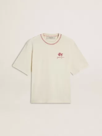CNY-T-Shirt in Altweiß ohne Ärmel mit roter Stickerei