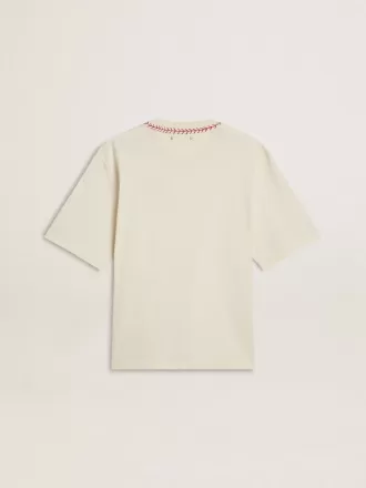 CNY-T-Shirt in Altweiß ohne Ärmel mit roter Stickerei