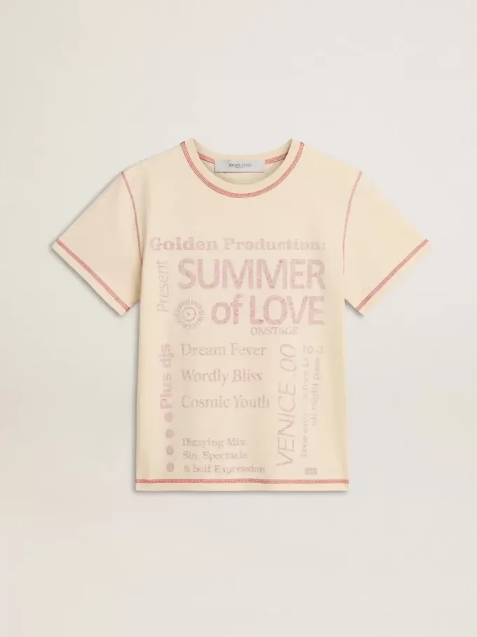 Cremefarbenes Damen-T-Shirt mit verblassten roten Akzenten Cremefarbenes Damen-T-Shirt mit verblassten roten Akzenten