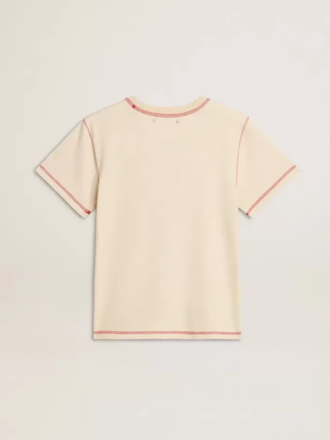 Cremefarbenes Damen-T-Shirt mit verblassten roten Akzenten Cremefarbenes Damen-T-Shirt mit verblassten roten Akzenten
