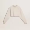 Cremefarbenes, kurz geschnittenes Sweatshirt für Damen aus Baumwolle mit Kristallen auf der Vorderseite Cremefarbenes, kurz geschnittenes Sweatshirt für Damen aus Baumwolle mit Kristallen auf der Vorderseite