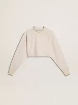 Cremefarbenes, kurz geschnittenes Sweatshirt für Damen aus Baumwolle mit Kristallen auf der Vorderseite
