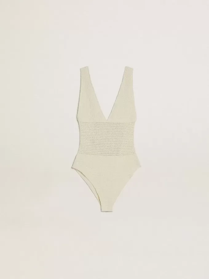 Damen-Body aus weißer Baumwolle mit Häkelverzierung Damen-Body aus weißer Baumwolle mit Häkelverzierung