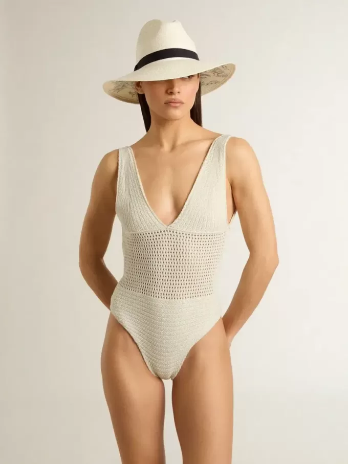 Damen-Body aus weißer Baumwolle mit Häkelverzierung Damen-Body aus weißer Baumwolle mit Häkelverzierung