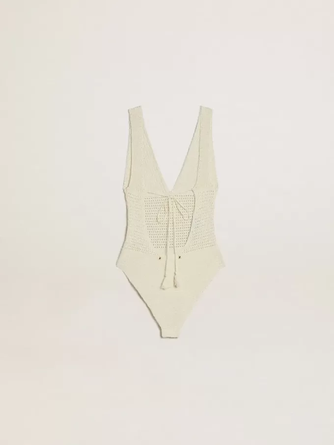 Damen-Body aus weißer Baumwolle mit Häkelverzierung Damen-Body aus weißer Baumwolle mit Häkelverzierung