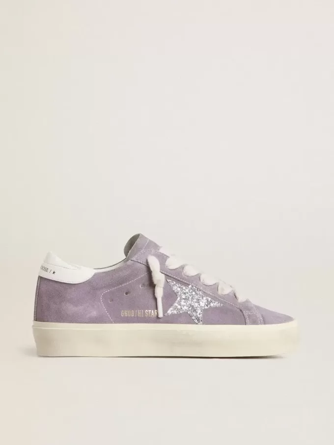 Damen-Hi-Star aus violettem Wildleder mit silbernem Glitzerstern Damen-Hi-Star aus violettem Wildleder mit silbernem Glitzerstern