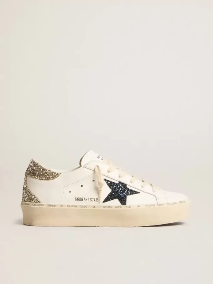 Damen-Hi-Star mit blauem Glitzerstern und platinfarbenem Glitzer-Fersenlasche Damen-Hi-Star mit blauem Glitzerstern und platinfarbenem Glitzer-Fersenlasche