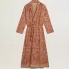 Damen-Kaftan aus Baumwollvoile mit durchgehendem ziegelrotem Marine-Print