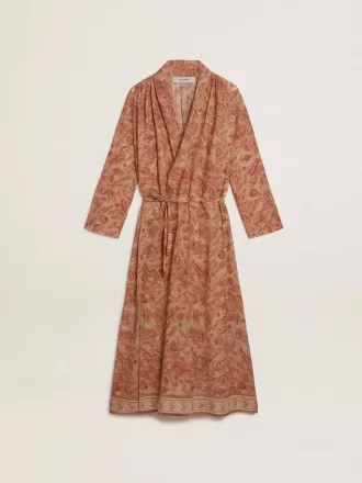 Damen-Kaftan aus Baumwollvoile mit durchgehendem ziegelrotem Marine-Print