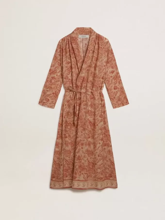 Damen-Kaftan aus Baumwollvoile mit durchgehendem ziegelrotem Marine-Print