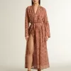 Damen-Kaftan aus Baumwollvoile mit durchgehendem ziegelrotem Marine-Print