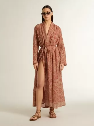 Damen-Kaftan aus Baumwollvoile mit durchgehendem ziegelrotem Marine-Print