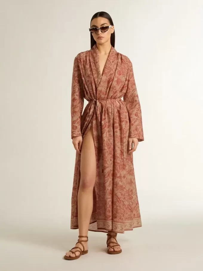 Damen-Kaftan aus Baumwollvoile mit durchgehendem ziegelrotem Marine-Print