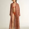 Damen-Kaftan aus Baumwollvoile mit durchgehendem ziegelrotem Marine-Print