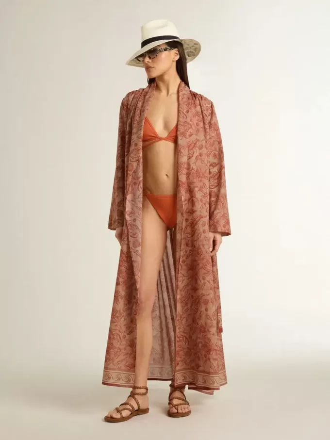 Damen-Kaftan aus Baumwollvoile mit durchgehendem ziegelrotem Marine-Print