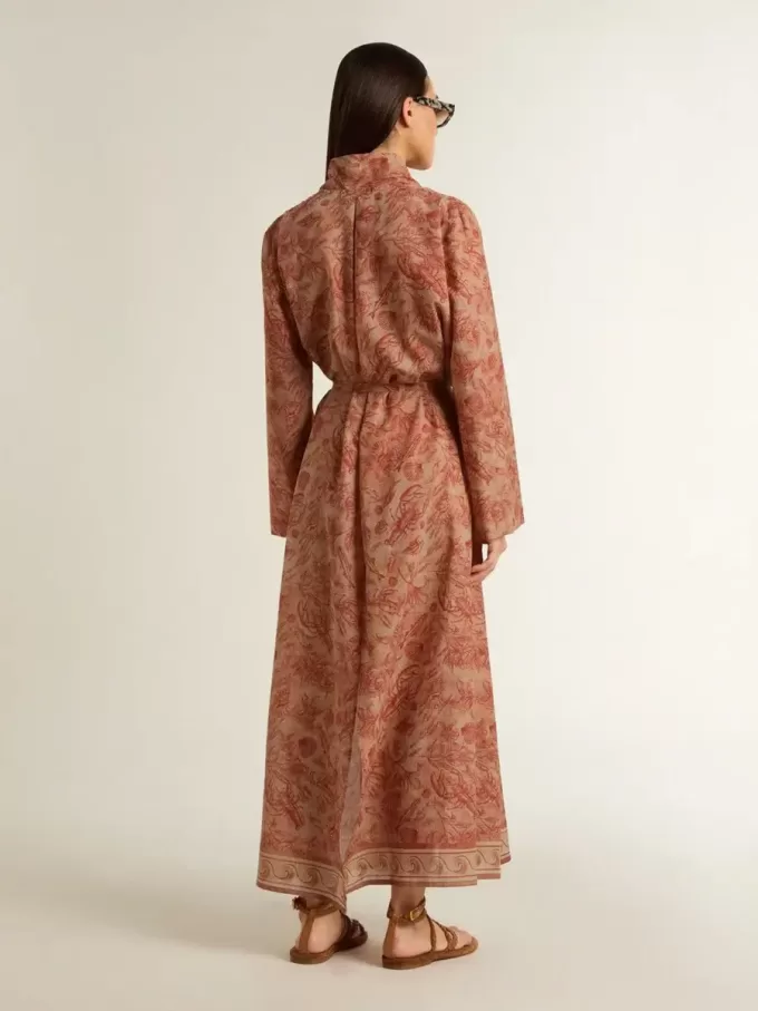 Damen-Kaftan aus Baumwollvoile mit durchgehendem ziegelrotem Marine-Print