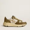 Damen-Laufsohle aus braunem Wildleder und Mesh mit goldenem Glitzerstern Damen-Laufsohle aus braunem Wildleder und Mesh mit goldenem Glitzerstern