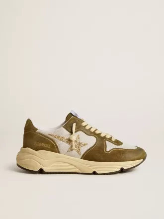 Damen-Laufsohle aus braunem Wildleder und Mesh mit goldenem Glitzerstern