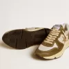 Damen-Laufsohle aus braunem Wildleder und Mesh mit goldenem Glitzerstern Damen-Laufsohle aus braunem Wildleder und Mesh mit goldenem Glitzerstern