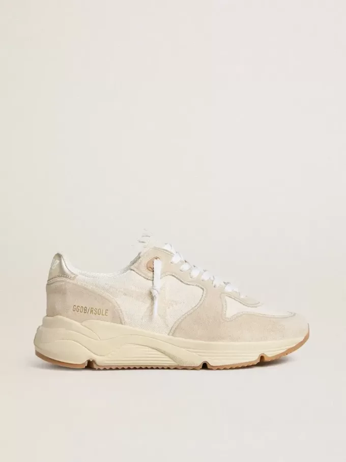 Damen-Laufsohle aus Canvas mit beigem Stern und Fersenlasche aus platinfarbenem Metallic-Leder Damen-Laufsohle aus Canvas mit beigem Stern und Fersenlasche aus platinfarbenem Metallic-Leder