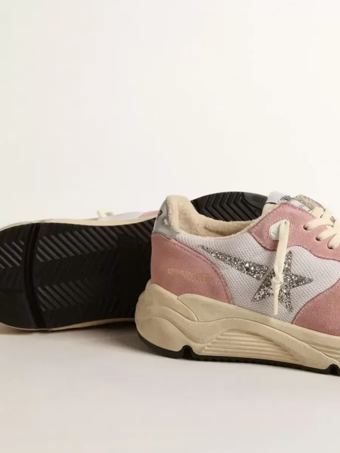 Damen-Laufsohle aus grauem Mesh und Wildleder mit silbernem Glitzerstern