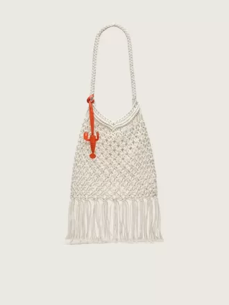 Damen-Makramee-Tasche aus butterfarbener Baumwolle mit Leder-Hummer-Anhänger
