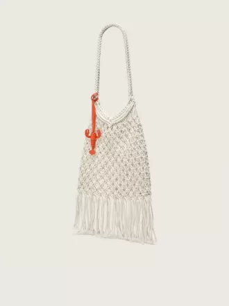 Damen-Makramee-Tasche aus butterfarbener Baumwolle mit Leder-Hummer-Anhänger