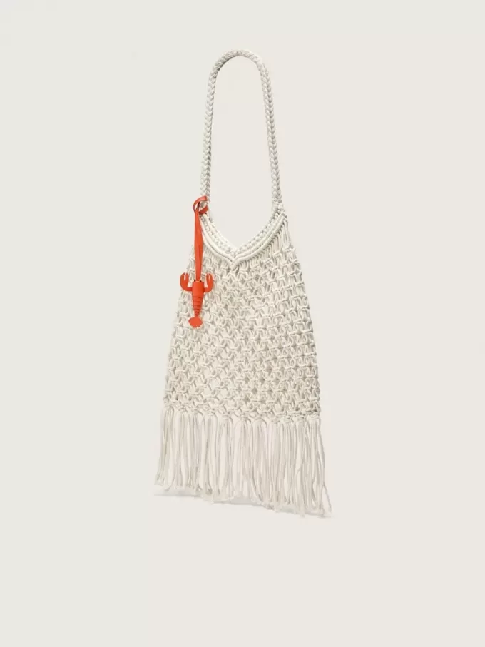 Damen-Makramee-Tasche aus butterfarbener Baumwolle mit Leder-Hummer-Anhänger