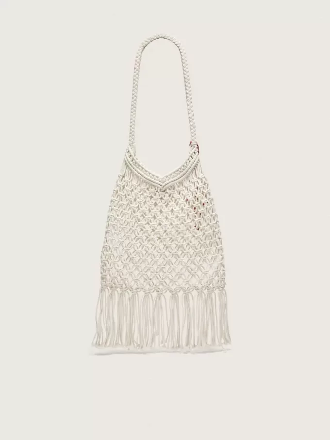 Damen-Makramee-Tasche aus butterfarbener Baumwolle mit Leder-Hummer-Anhänger