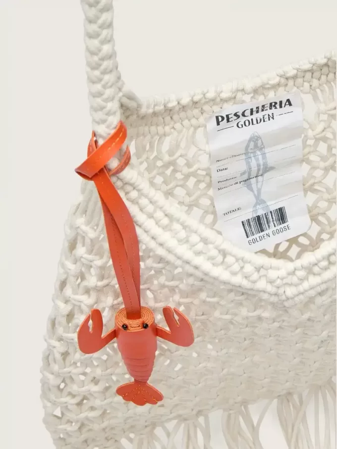 Damen-Makramee-Tasche aus butterfarbener Baumwolle mit Leder-Hummer-Anhänger