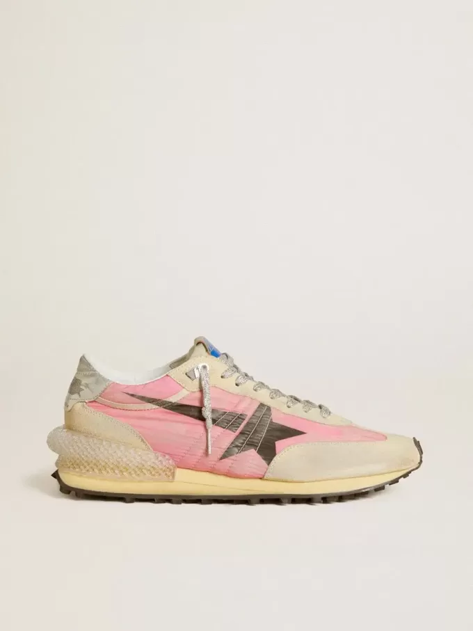 Damen-Marathon aus rosa Nylon und beigem Wildleder mit schwarzem Sternaufdruck