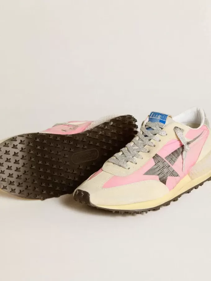 Damen-Marathon aus rosa Nylon und beigem Wildleder mit schwarzem Sternaufdruck