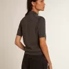 Damen-Poloshirt aus anthrazitfarbener Merinowolle Damen-Poloshirt aus anthrazitfarbener Merinowolle