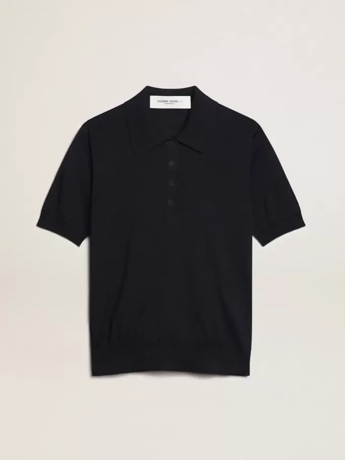 Damen-Poloshirt aus marineblauer Merinowolle Damen-Poloshirt aus marineblauer Merinowolle