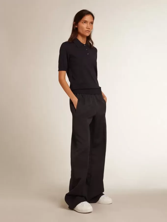 Damen-Poloshirt aus marineblauer Merinowolle Damen-Poloshirt aus marineblauer Merinowolle