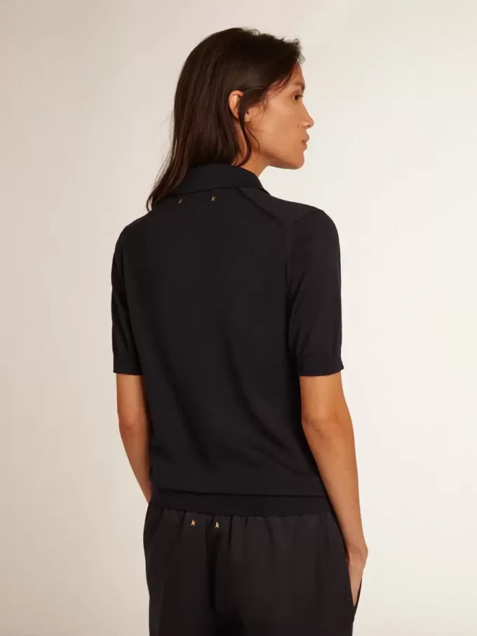 Damen-Poloshirt aus marineblauer Merinowolle Damen-Poloshirt aus marineblauer Merinowolle