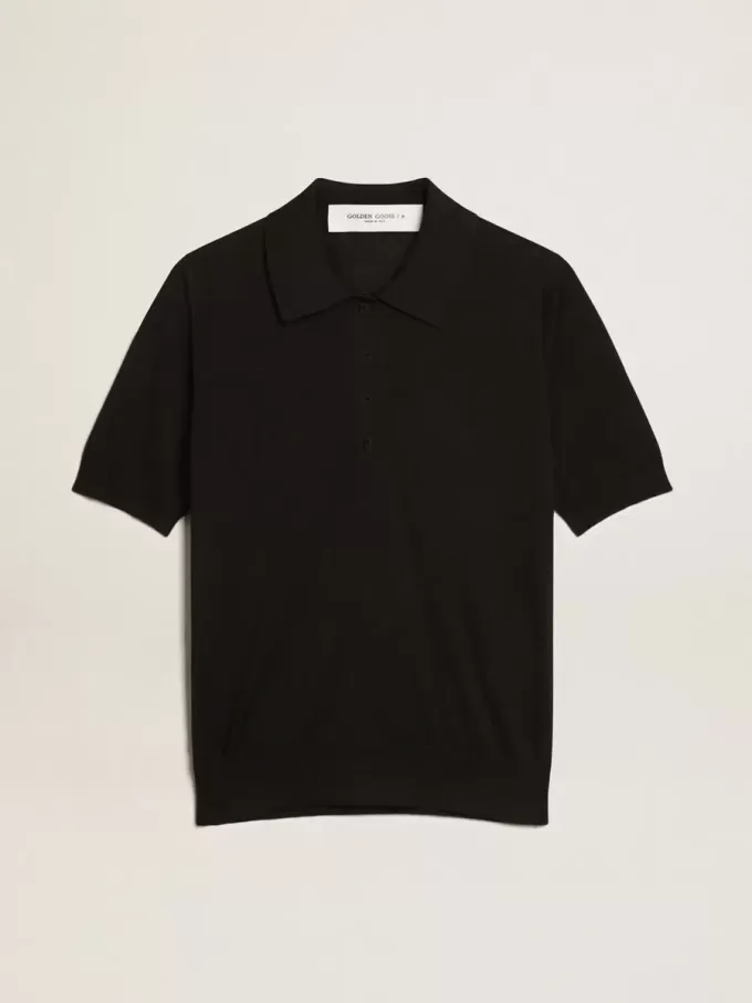 Damen-Poloshirt aus schwarzer Merinowolle Damen-Poloshirt aus schwarzer Merinowolle
