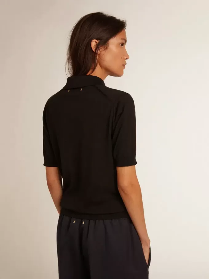 Damen-Poloshirt aus schwarzer Merinowolle Damen-Poloshirt aus schwarzer Merinowolle