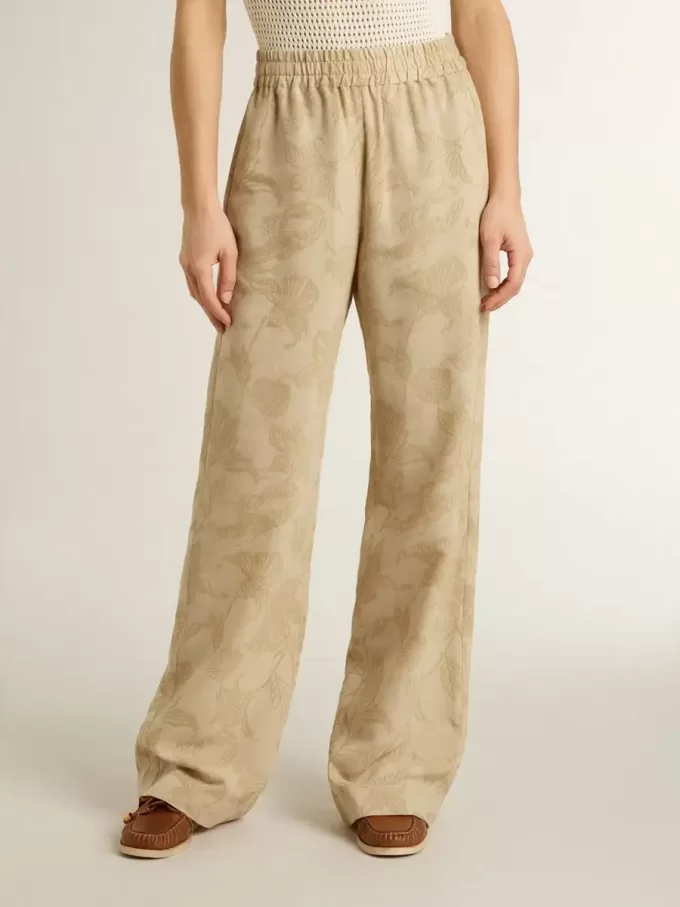 Damen-Pyjama-Hose aus beigem Jacquard mit Blumenmuster Damen-Pyjama-Hose aus beigem Jacquard mit Blumenmuster