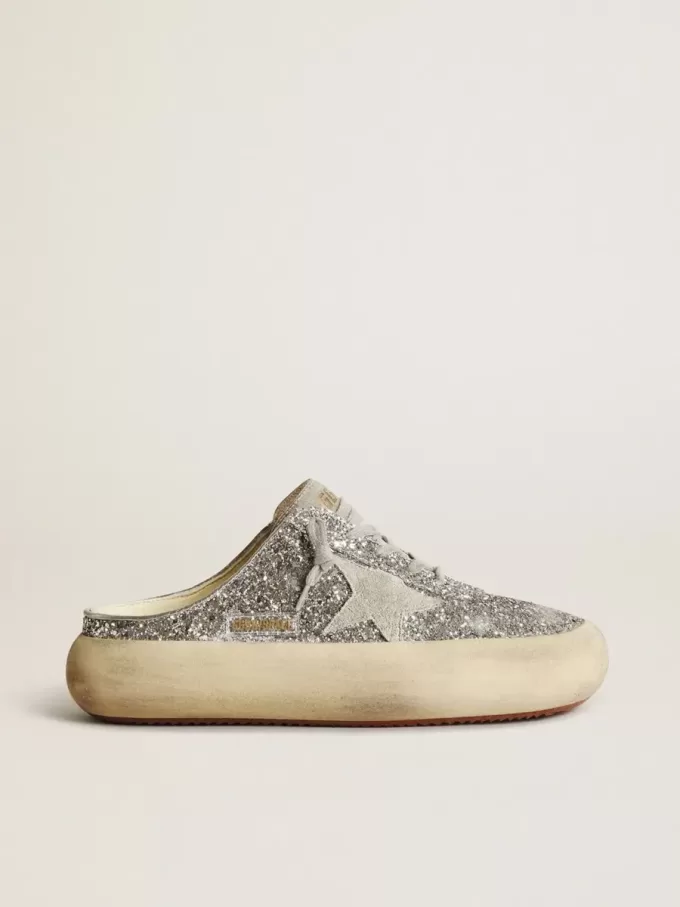 Damen-Sabot „Space-Star” in Glitzeroptik mit eisgrauem Stern und Lasche Damen-Sabot „Space-Star” in Glitzeroptik mit eisgrauem Stern und Lasche