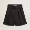 Damen-Shorts aus schwarzer Wollgabardine mit Taillengürtel Damen-Shorts aus schwarzer Wollgabardine mit Taillengürtel