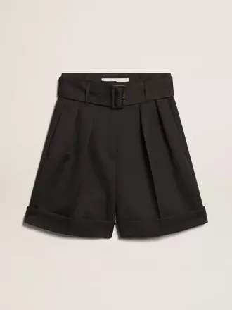 Damen-Shorts aus schwarzer Wollgabardine mit Taillengürtel