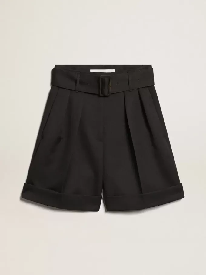 Damen-Shorts aus schwarzer Wollgabardine mit Taillengürtel Damen-Shorts aus schwarzer Wollgabardine mit Taillengürtel